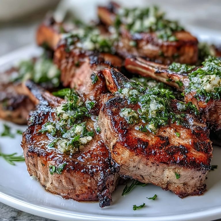 Savory lamb chops seared to perfection and finished with a vibrant mint gremolata, offering a refreshing herbal twist to classic grilled lamb.