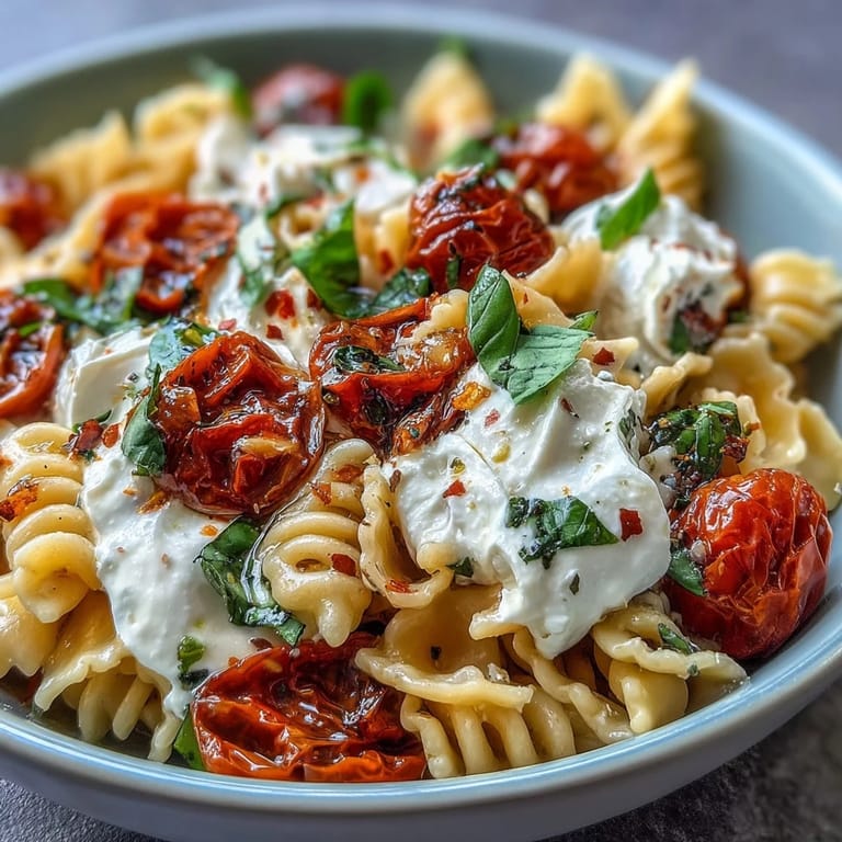 Caprese Pasta with Burrata: Silky pasta tossed with sautéed tomatoes, garlic, and basil, topped with luscious burrata for a fresh Italian meal.
