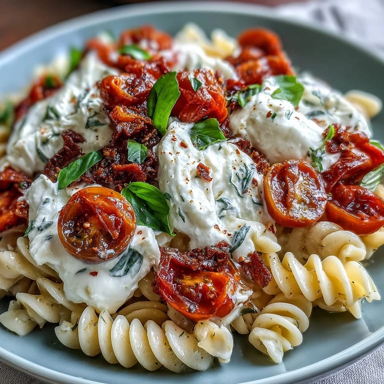 Caprese Pasta with Burrata: Vibrant pasta featuring juicy tomatoes, fragrant basil, and melted burrata, finished with a drizzle of olive oil and sea salt.