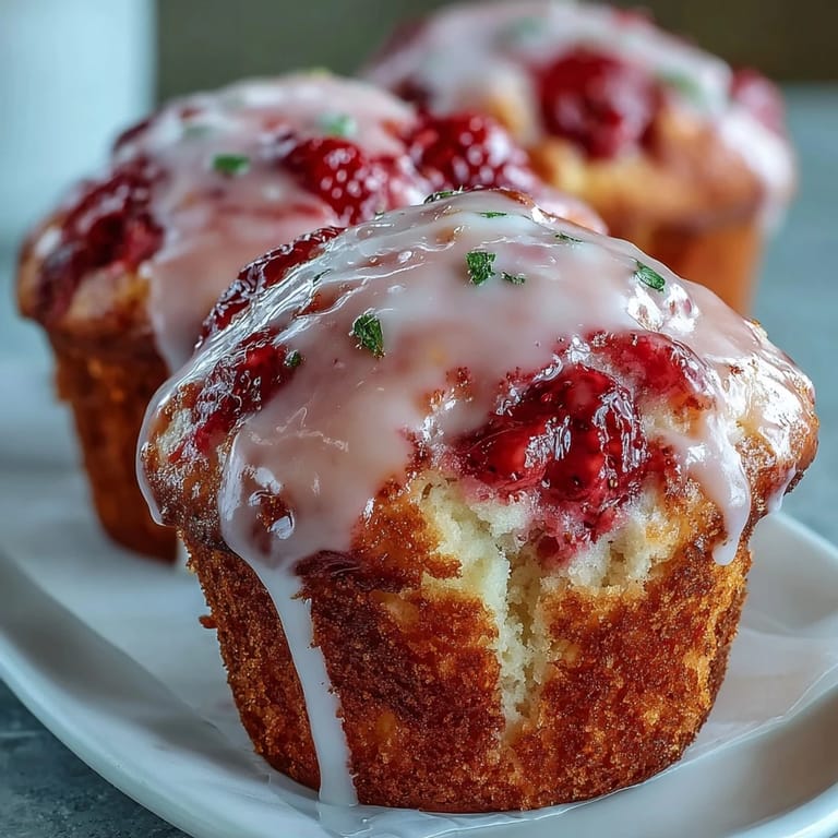 Fluffy, tender muffins bursting with fresh strawberries and bright lemon flavor, topped with a sweet-tart lemon glaze for a springtime delight.