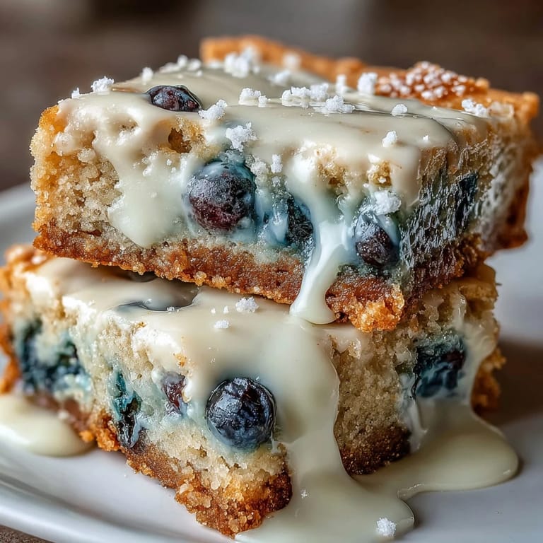 Close-up of white chocolate lemon blueberry blondies with melty chocolate and vibrant berry specks throughout each slice.