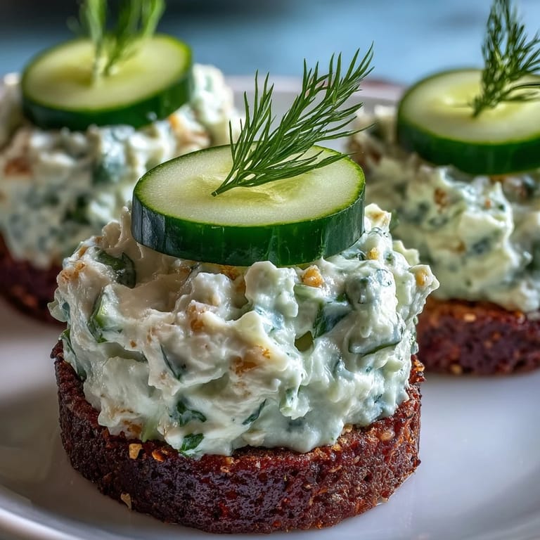 Elegant bite-sized Benedictine cucumber canapés arranged on a white serving tray, perfect for Kentucky Derby parties or spring gatherings.