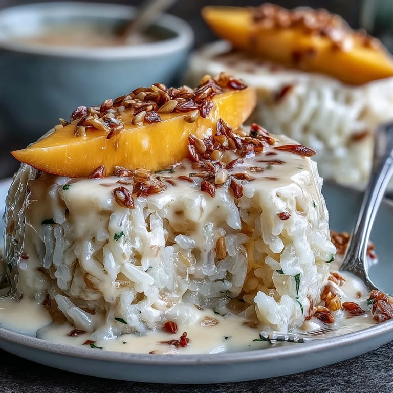 Individual Thai-inspired dessert cups featuring sweet sticky rice drizzled with coconut sauce and juicy mango.  