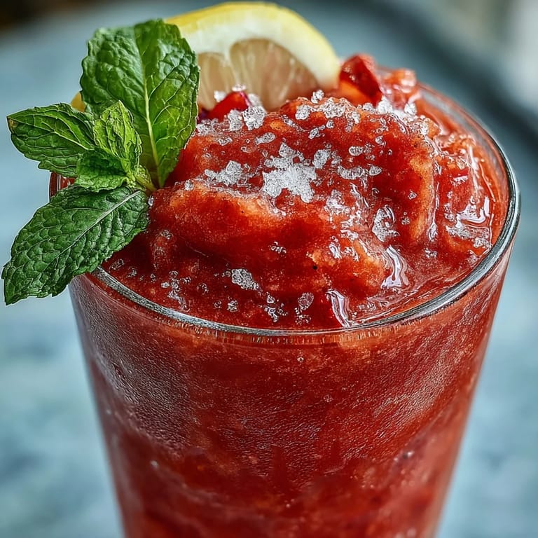 Creamy and icy strawberry lemonade slushie made with fresh lemon juice and sweet frozen berries, served in tall glasses with a mint garnish.