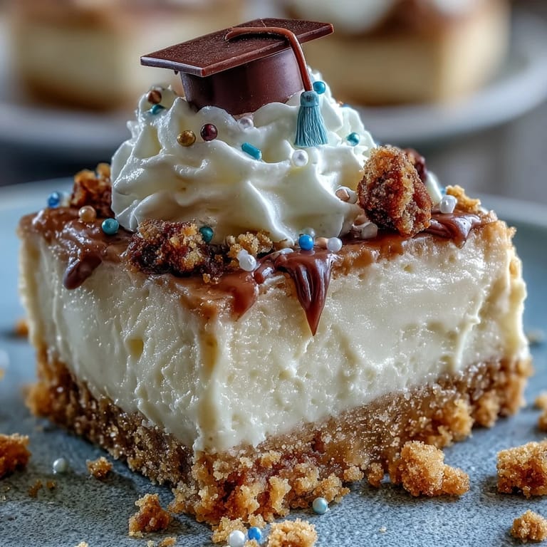 Bite-sized graduation cheesecake treats with smooth filling and golden crust, garnished with fresh berries and chocolate caps.  