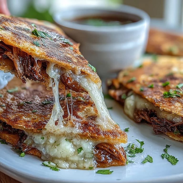 Crispy birria quesadillas filled with melted cheese and tender shredded beef, paired with a rich, aromatic consommé.