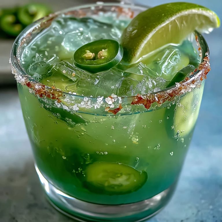 Refreshing Viral Pickle Margarita Mocktail served over ice with a zesty jalapeño salt rim.