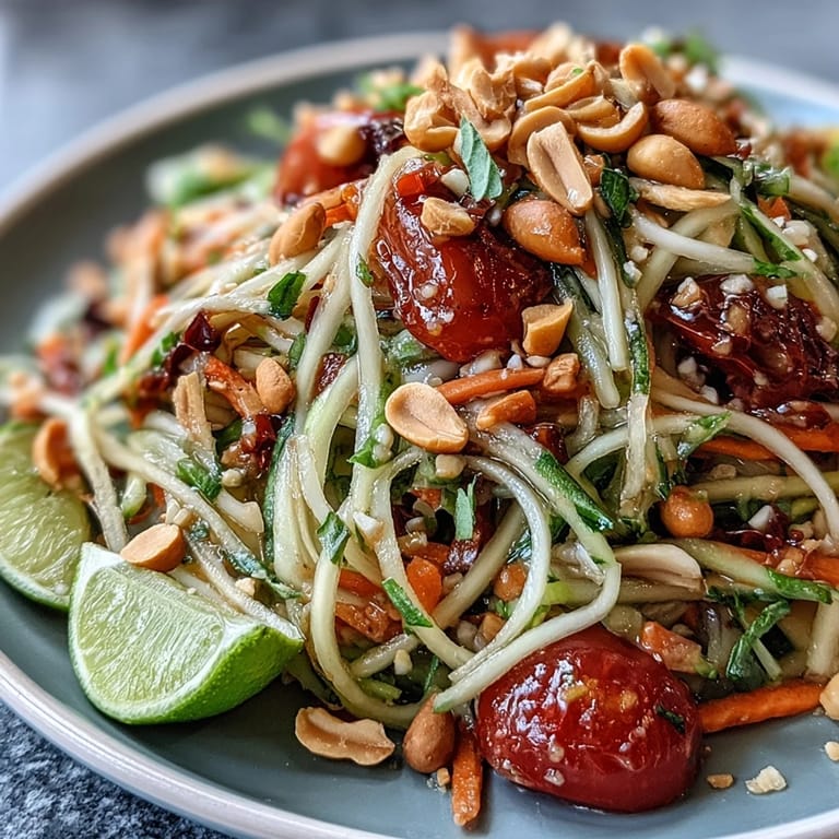 Crisp shredded green papaya, tomatoes, and chili lime dressing in Som Tam salad.