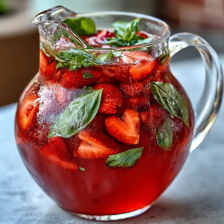 Refreshing Strawberry Basil Lemonade Pitcher, garnished with fruit and ready to serve.