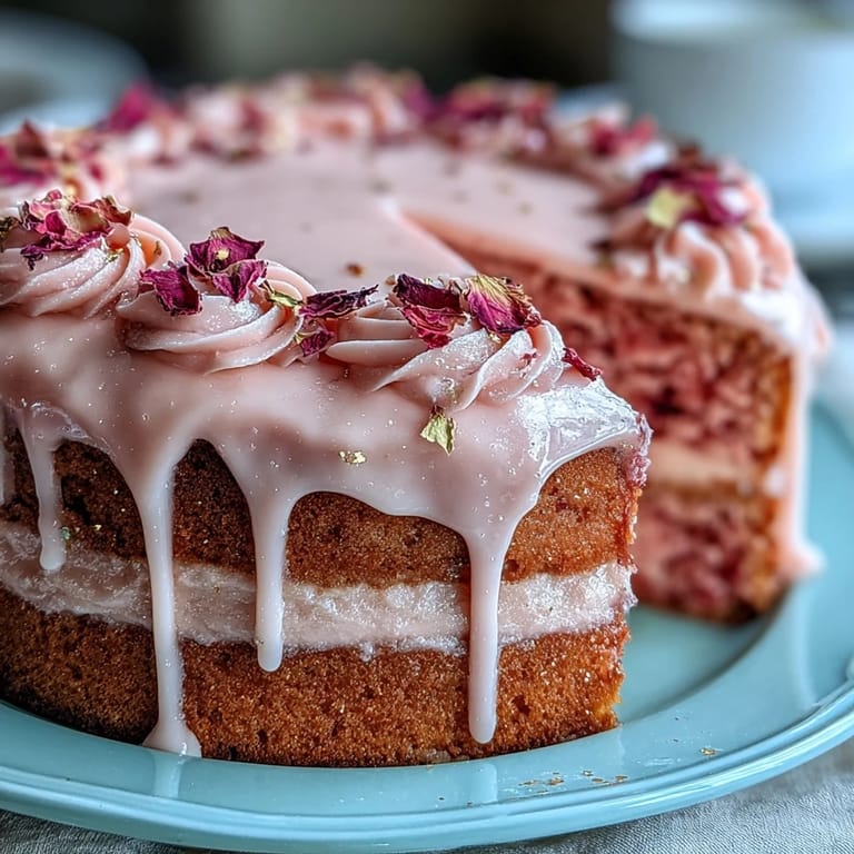 This pink rosé velvet cake, adorned with a decadent gold drip, is perfect for celebrations.