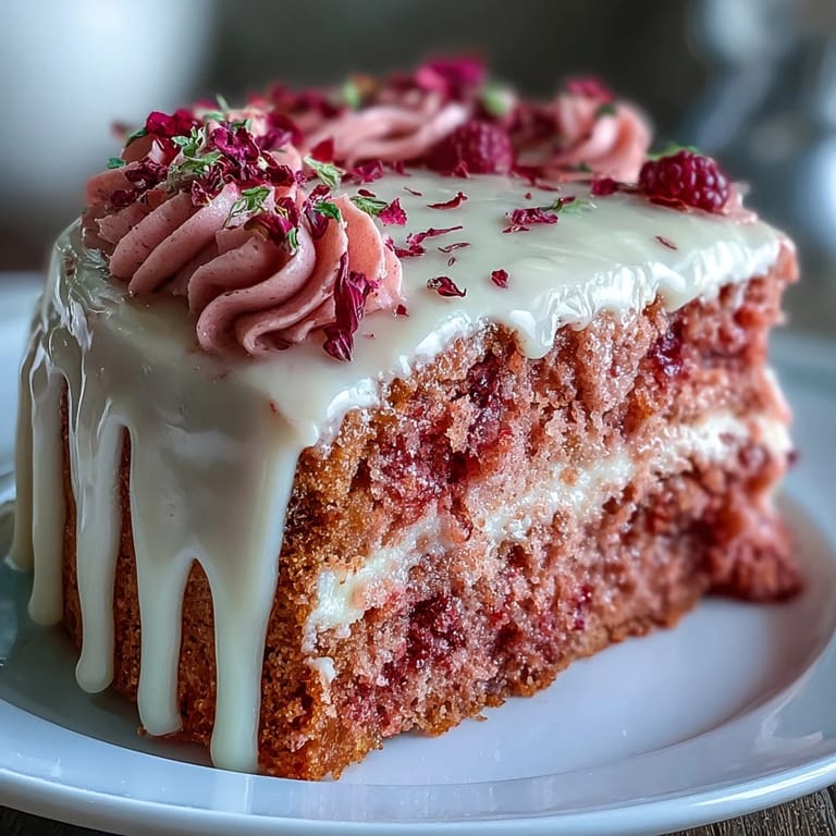 Visually imagine a delicate pink velvet cake, showcasing a luxurious rosé flavor and metallic gold drip.