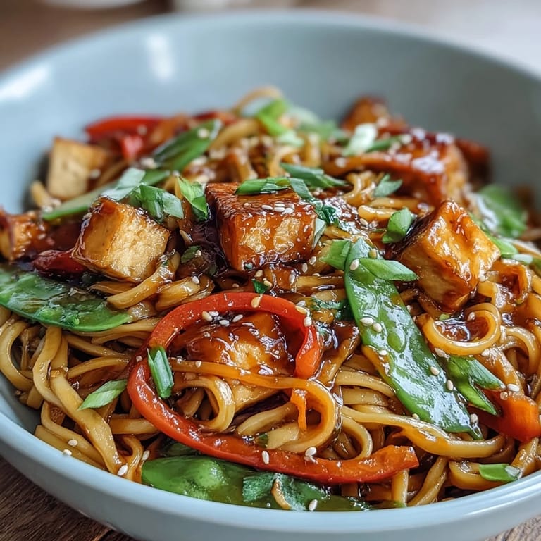 Close-up of sweet and spicy noodle bowl, garnished with crunchy peanuts and fresh cilantro.