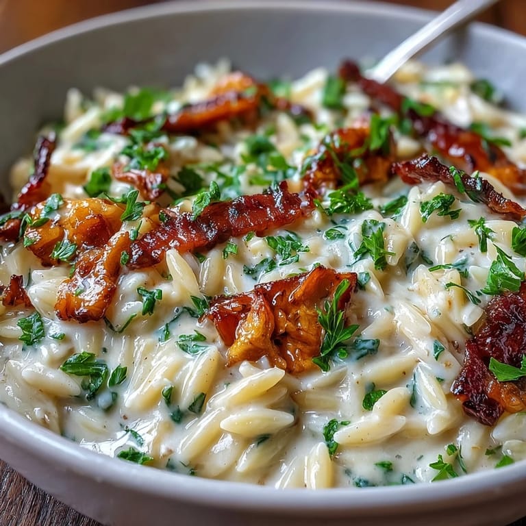 Delicious Orzo Carbonara style plated with fresh parsley and plenty of pepper.