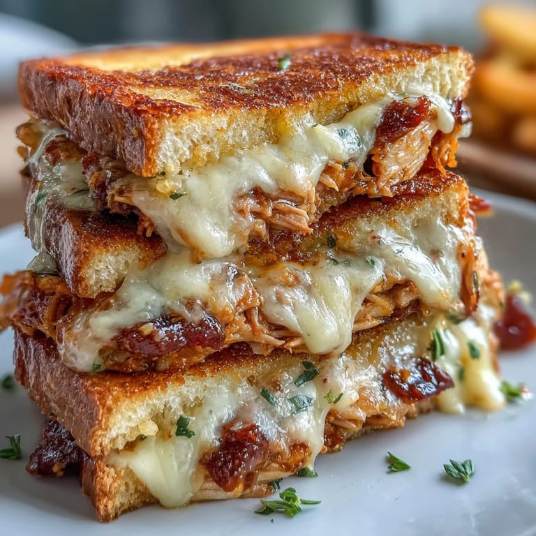 Golden brown BBQ chicken grilled cheese, warm and gooey, perfect for a hearty lunch.