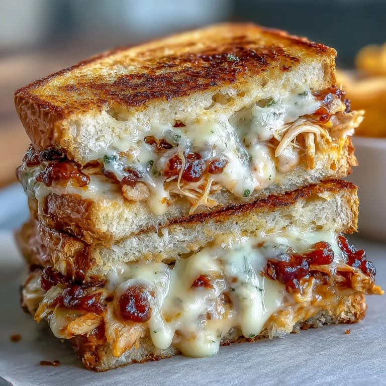Close-up of delicious BBQ chicken grilled cheese, featuring melted cheddar and tender chicken.