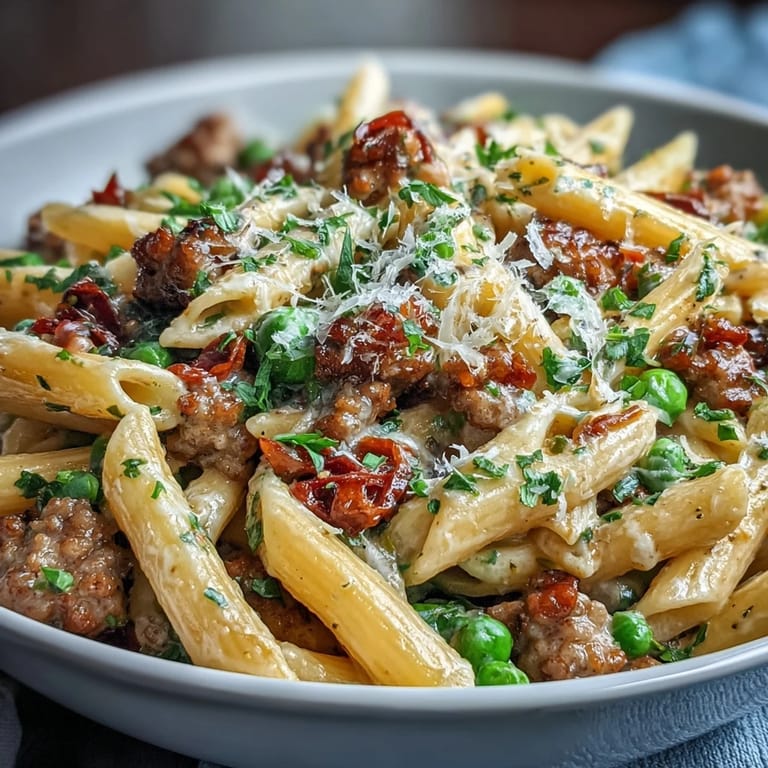 Flavorful one-pot sausage pasta, a weeknight meal studded with sweet peas.