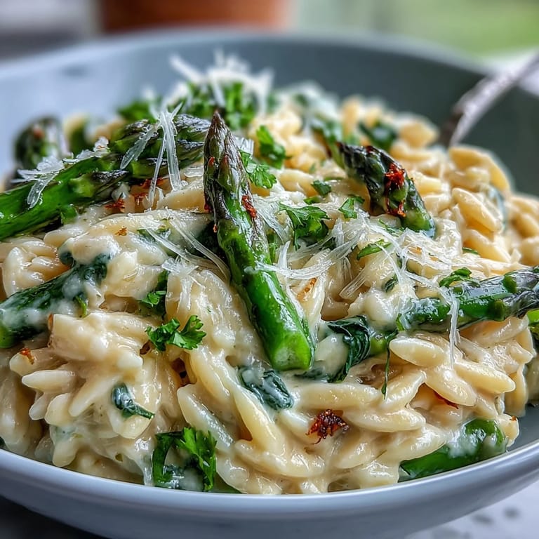 Tender orzo pasta tossed in luscious lemon butter sauce with fresh asparagus.