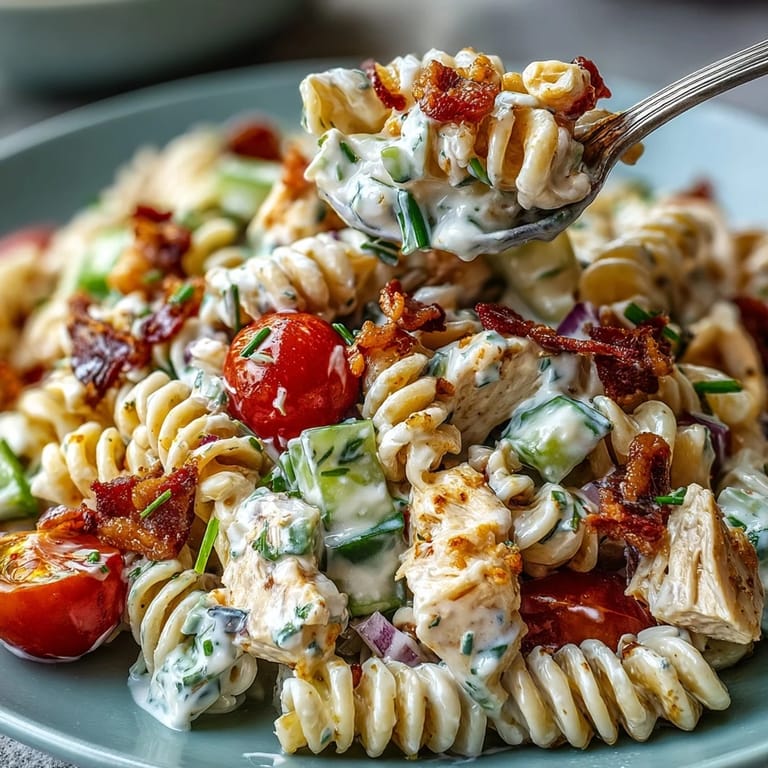 A vibrant, chilled Creamy Chicken Bacon Ranch Pasta Salad perfect for summer.