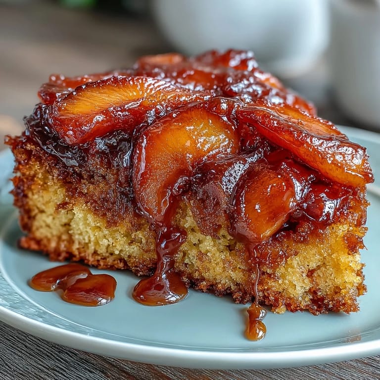 Golden brown sugar peach upside-down cake, perfect for dessert.