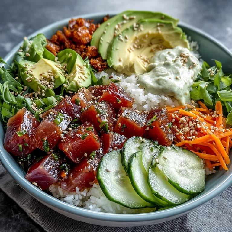 Hearty canned tuna poke bowl, showcasing flaky fish and a savory drizzle.