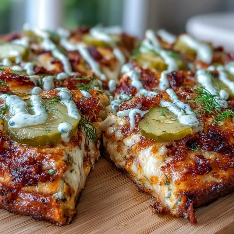 Crispy Pickle Pizza topped with dill pickles and a cool ranch dressing.