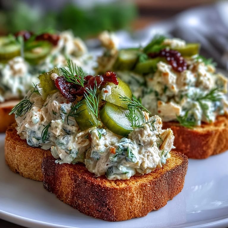 Flavorful spicy pickle chicken salad atop toasted bread, perfect for lunch.