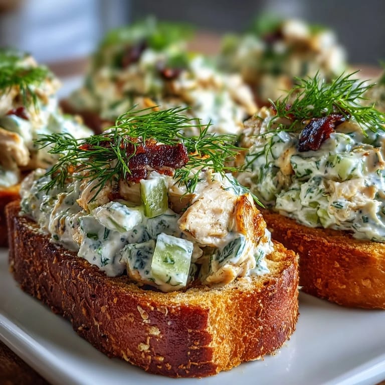 Tangy, zesty spicy pickle chicken salad piled high on golden toasts.