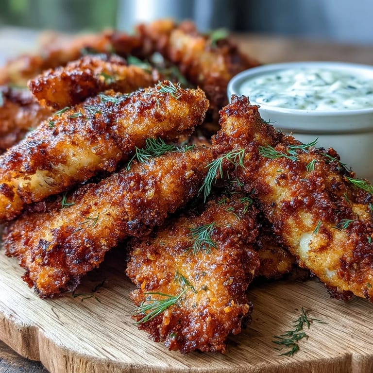 Mouthwatering pickle brine fried chicken tenders, hot and ready with dipping sauce.