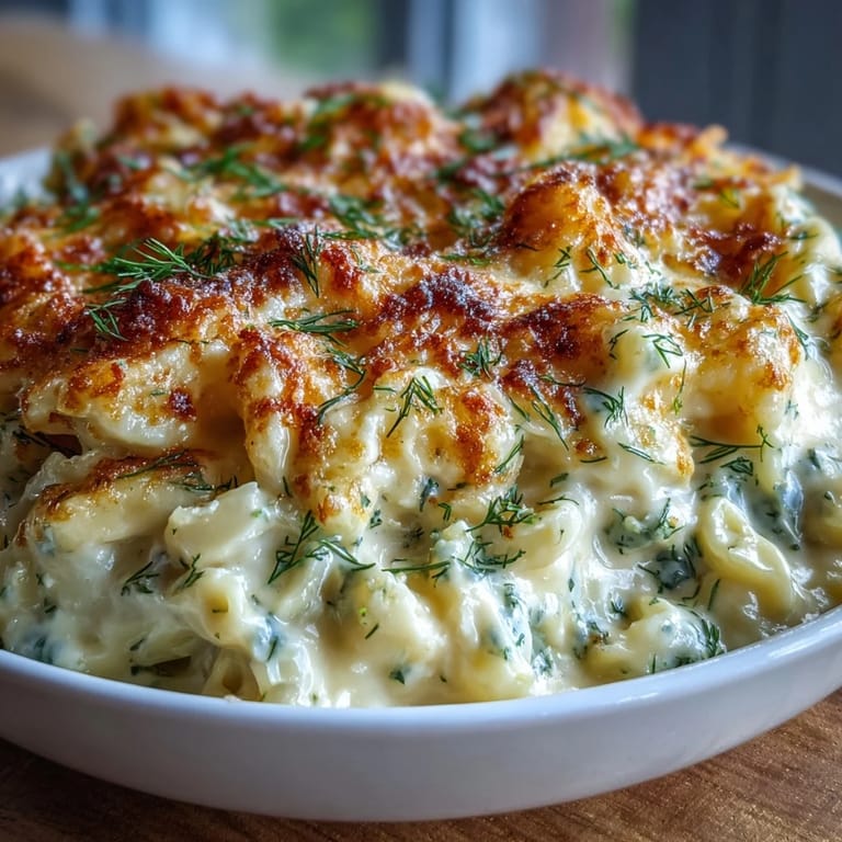 Comforting Dill Pickle Mac and Cheese loaded with sharp cheddar and pickles.