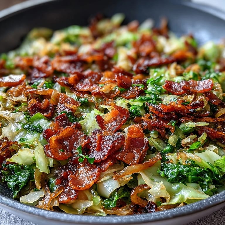 Hearty fried cabbage, brimming with smoky bacon and tender, sweet sautéed onions.