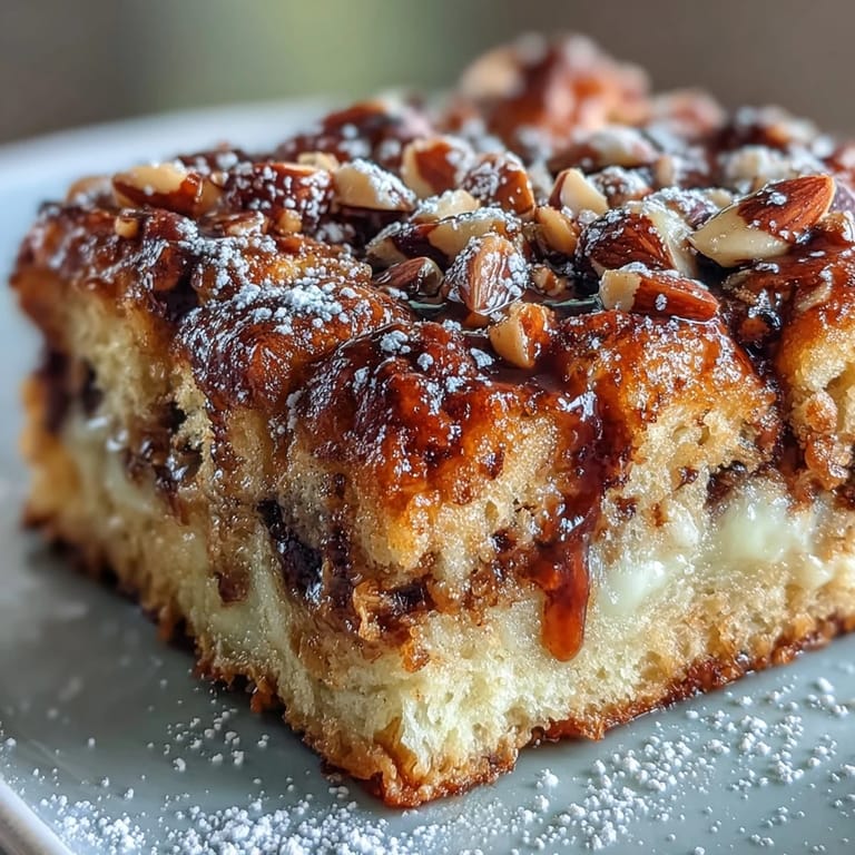 Decadent Stale Croissant French Toast Casserole, golden brown and inviting, drizzled with syrup.