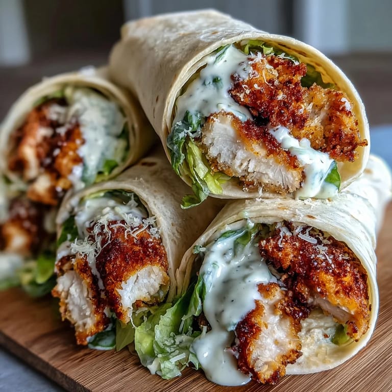 Close-up of a fully assembled chicken Caesar wrap with romaine.