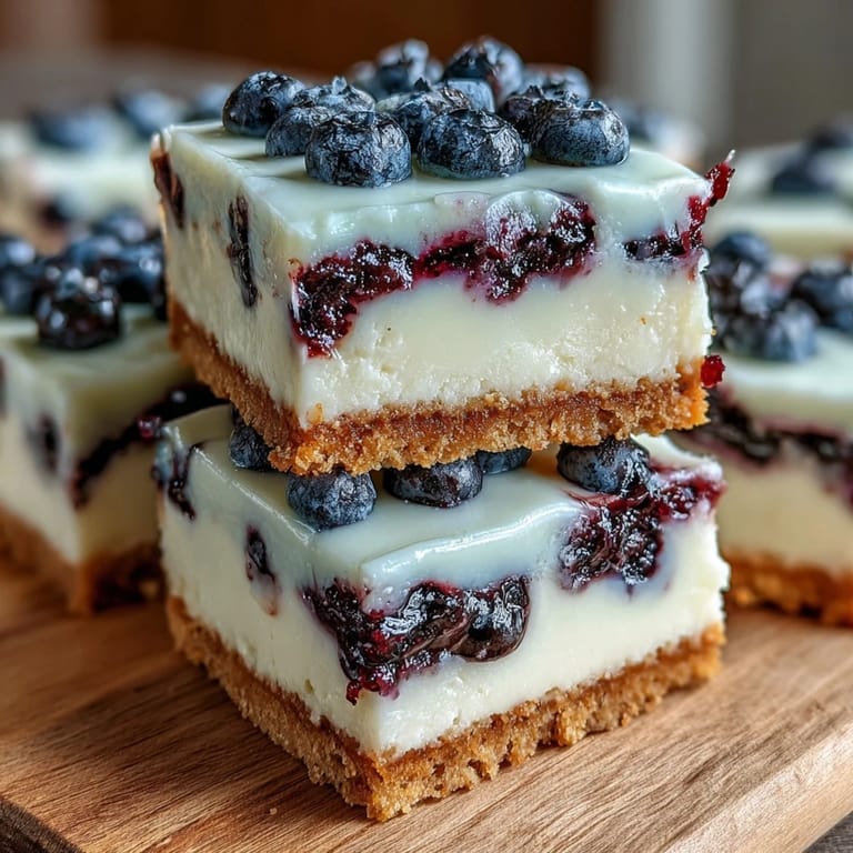 Deliciously zesty, no-bake lemon blueberry cheesecake bars ready to slice.