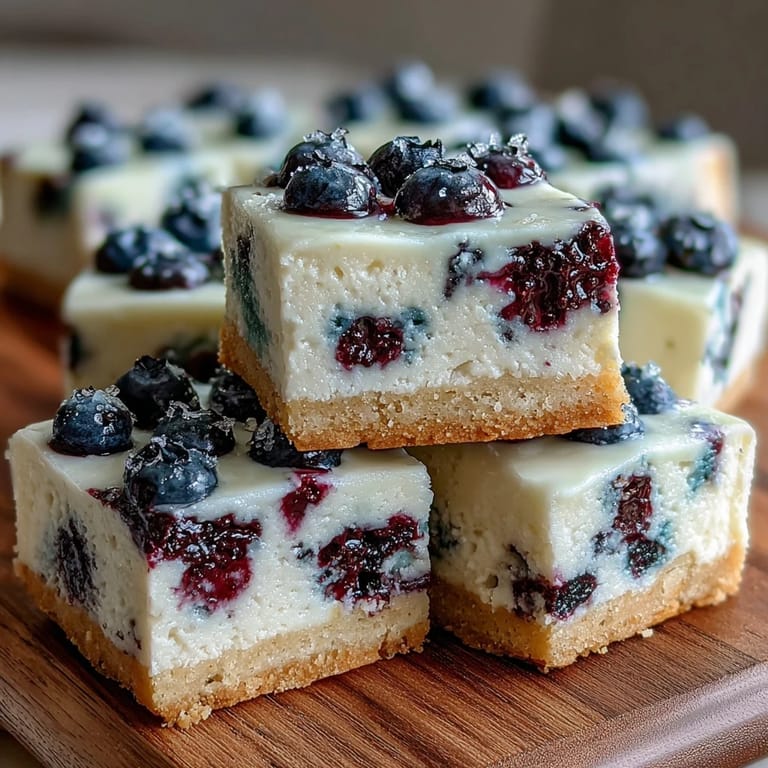 Handmade no-bake lemon blueberry cheesecake bars showcasing vibrant fruit.