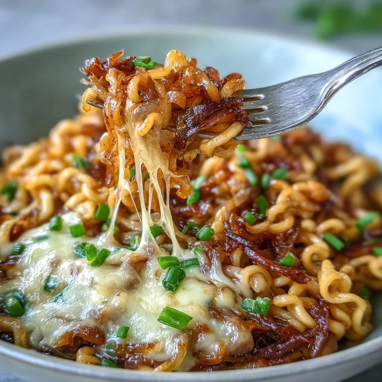 Savory French Onion Buldak Noodles, topped with toasted baguette and chives.