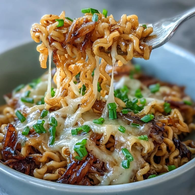 Spicy French Onion Buldak Noodles, a cheesy, comforting fusion dish.