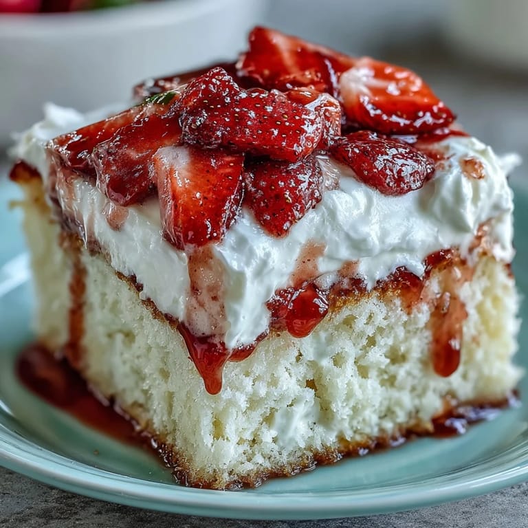 A slice of vibrant Strawberry Horchata Tres Leches Cake, soaked and ready to enjoy.