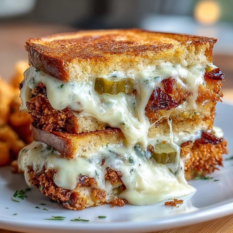 Satisfying fried pickle grilled cheese oozing with gooey cheese, perfect comfort food.