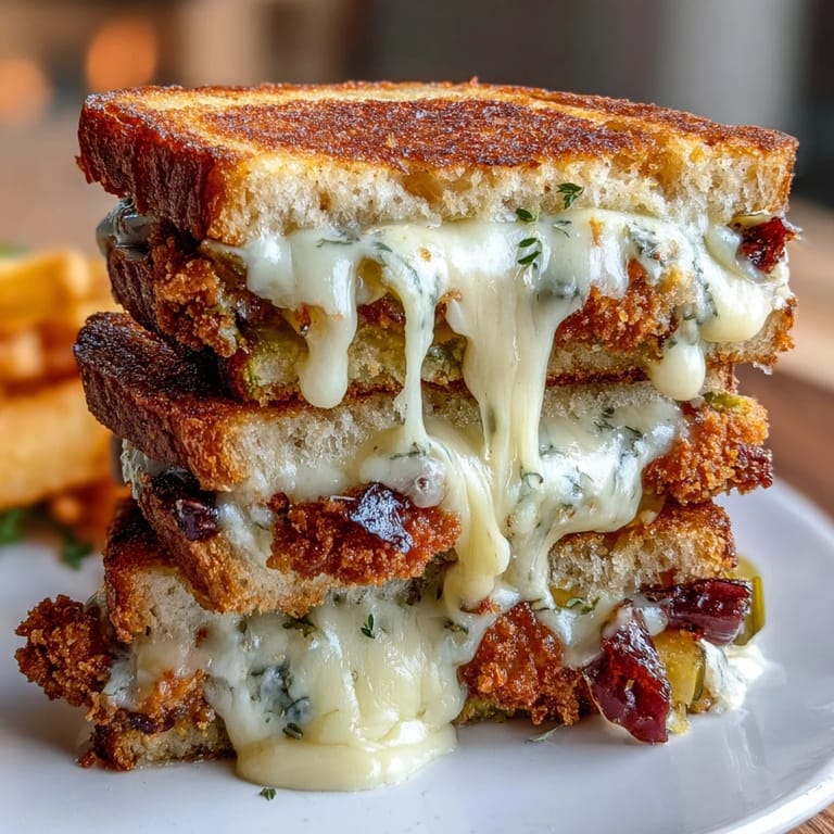 Crispy fried pickle grilled cheese on toasted sourdough, a delicious cheesy bite.