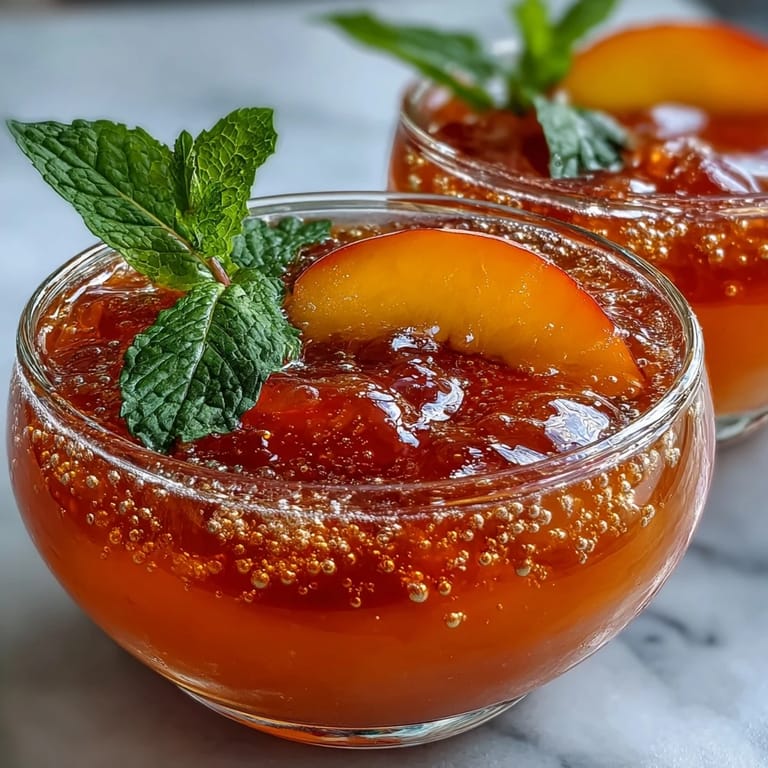 Delicious Peach Bellini Jello Cups shimmering with prosecco and peach goodness.