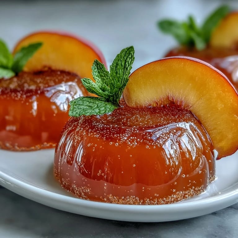 Glistening Peach Bellini Jello Cups, an elegant, easy dessert ready to serve.