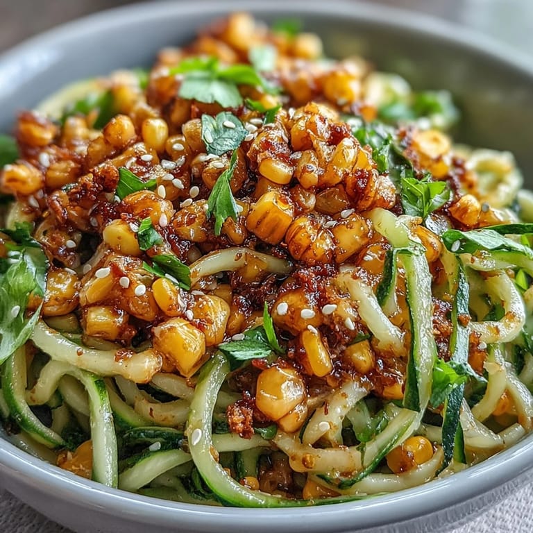 Colorful chili crisp corn and cucumber noodles salad with savory chili crisp dressing.
