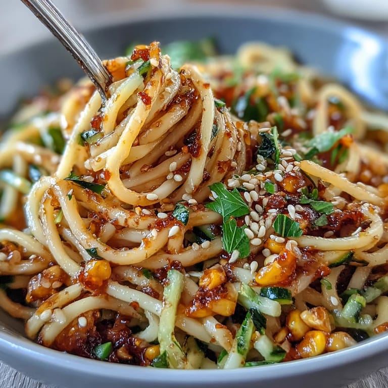Chili crisp corn and cucumber noodles, showcasing fresh summer vegetables and bold flavor.