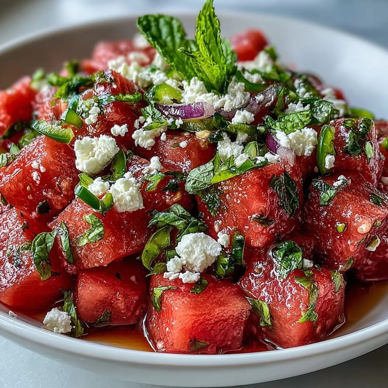Sweet watermelon feta salsa, a cool, zesty appetizer perfect for dipping with pita chips.