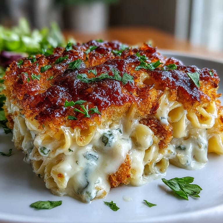 Mouthwatering Crispy Chicken Caesar Pasta Bake ready to be served hot.