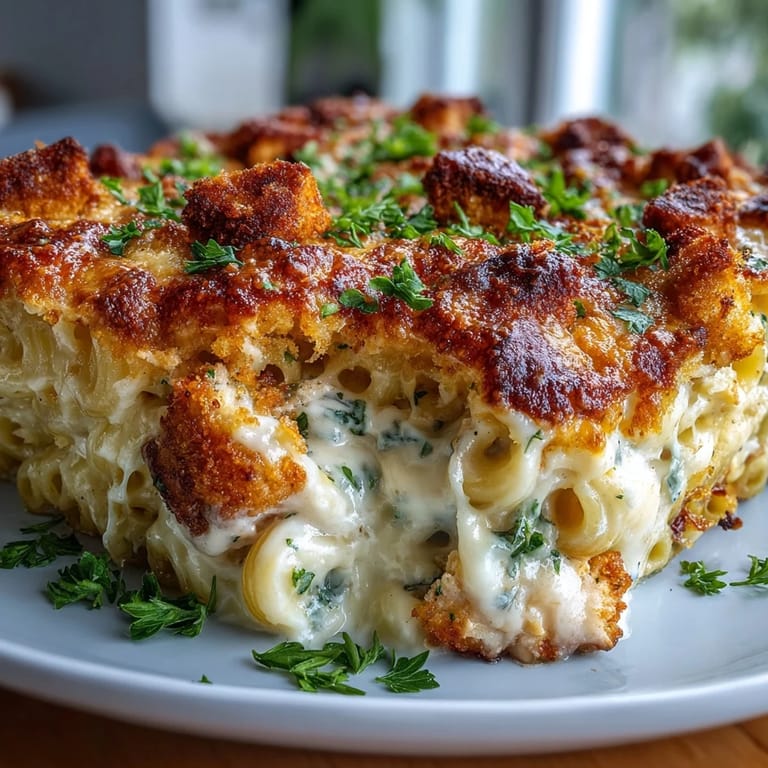Comforting Crispy Chicken Caesar Pasta Bake casserole with creamy sauce and chicken.