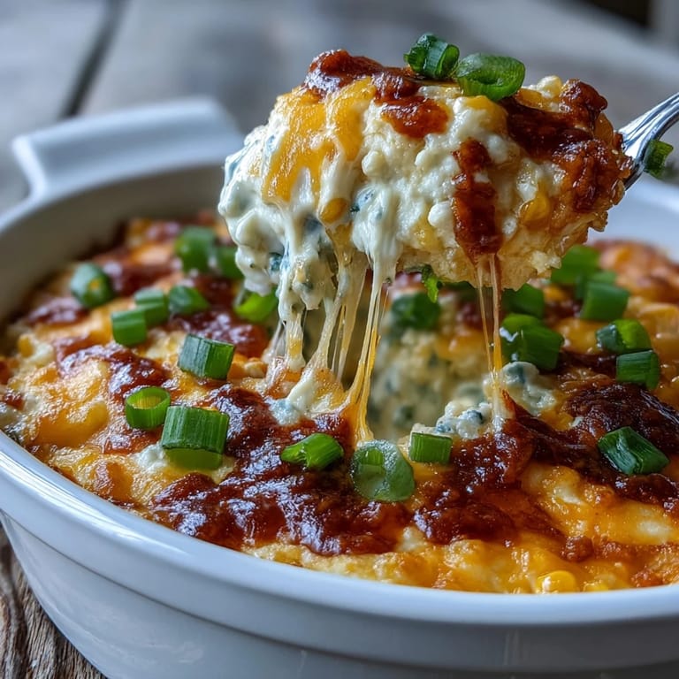 Spicy buffalo ranch corn dip with melty cheese, perfect for dipping chips.