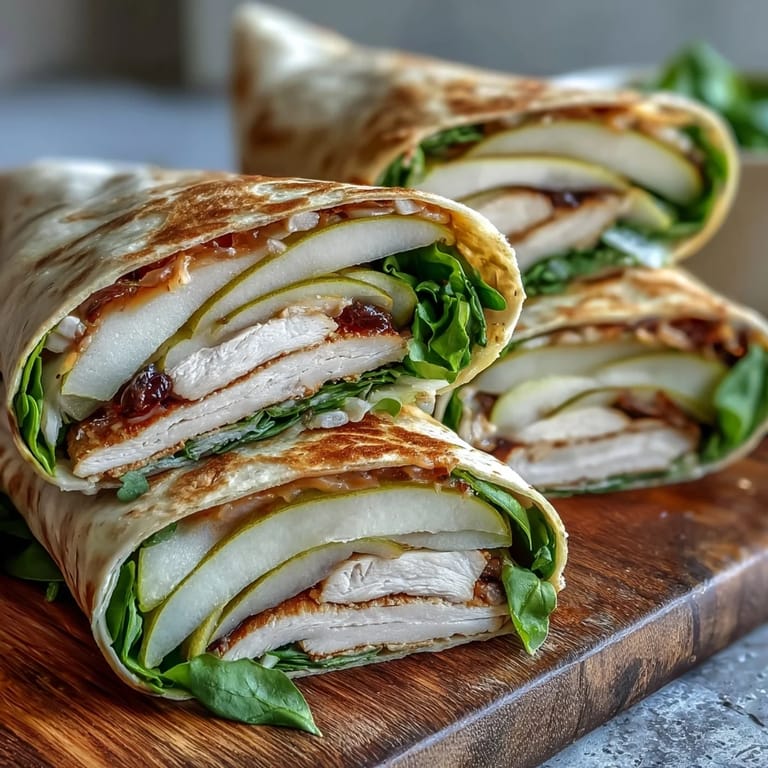 Close-up of Pear Turkey Cheddar Wraps featuring vibrant spinach and ripe pear slices.