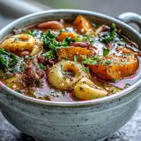 A steaming bowl of Winter Minestrone Soup with Butternut Squash and Kale, garnished with fresh parsley and Parmesan.
