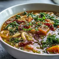 Steaming bowl of Winter Minestrone Soup featuring kale, butternut squash, and white beans, garnished with parsley.